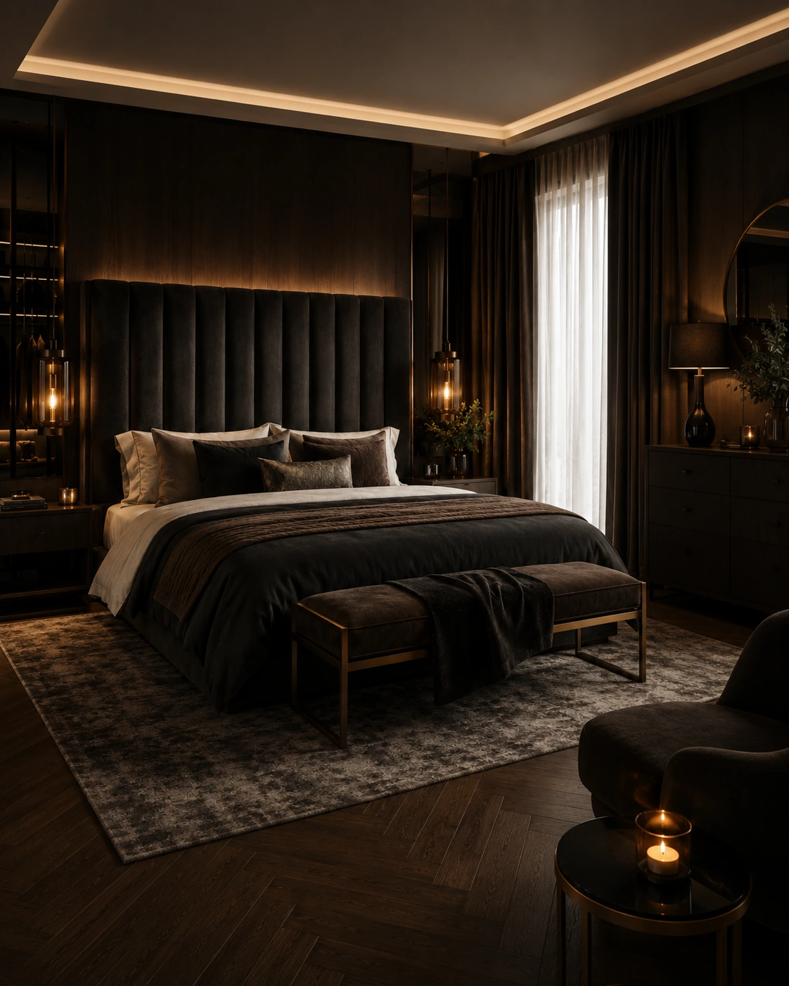 Wide view of a dark boutique bedroom with walnut panelling
