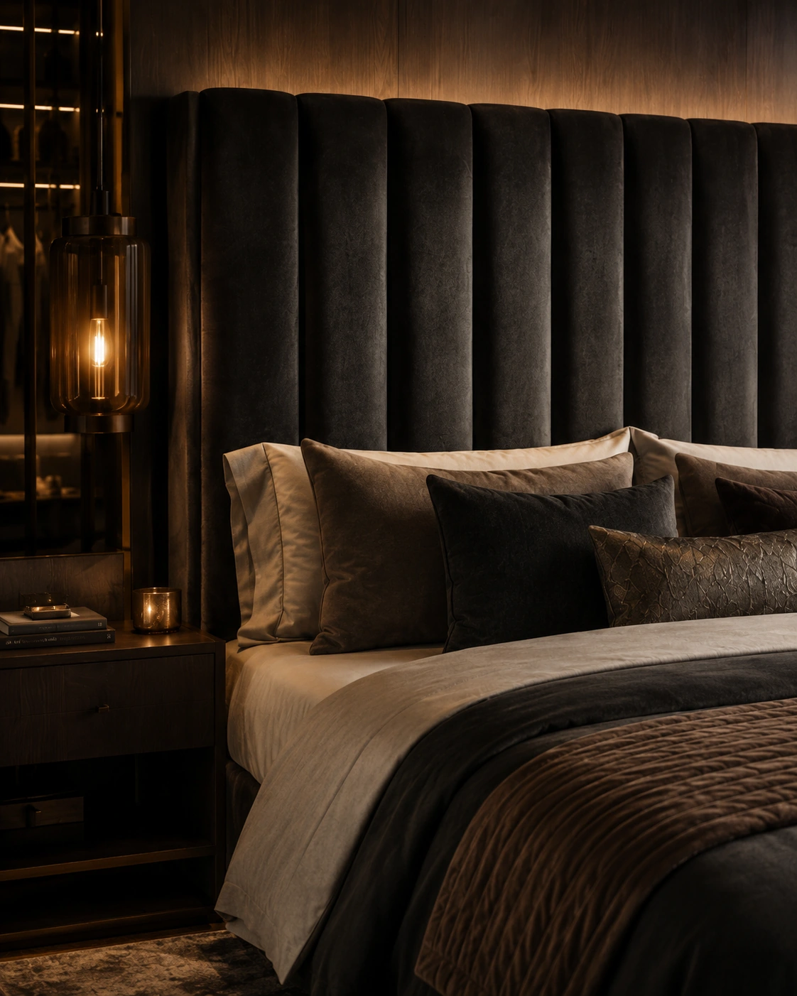 Close detail of layered bedding and a charcoal upholstered headboard