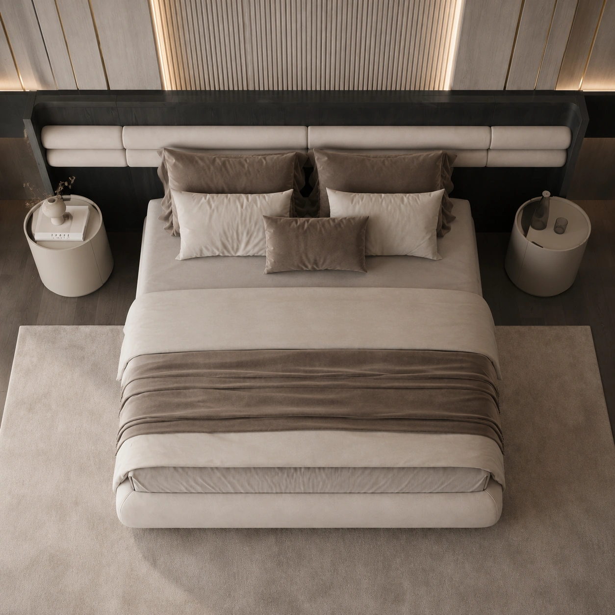 Top view of a pale neutral bedroom composition