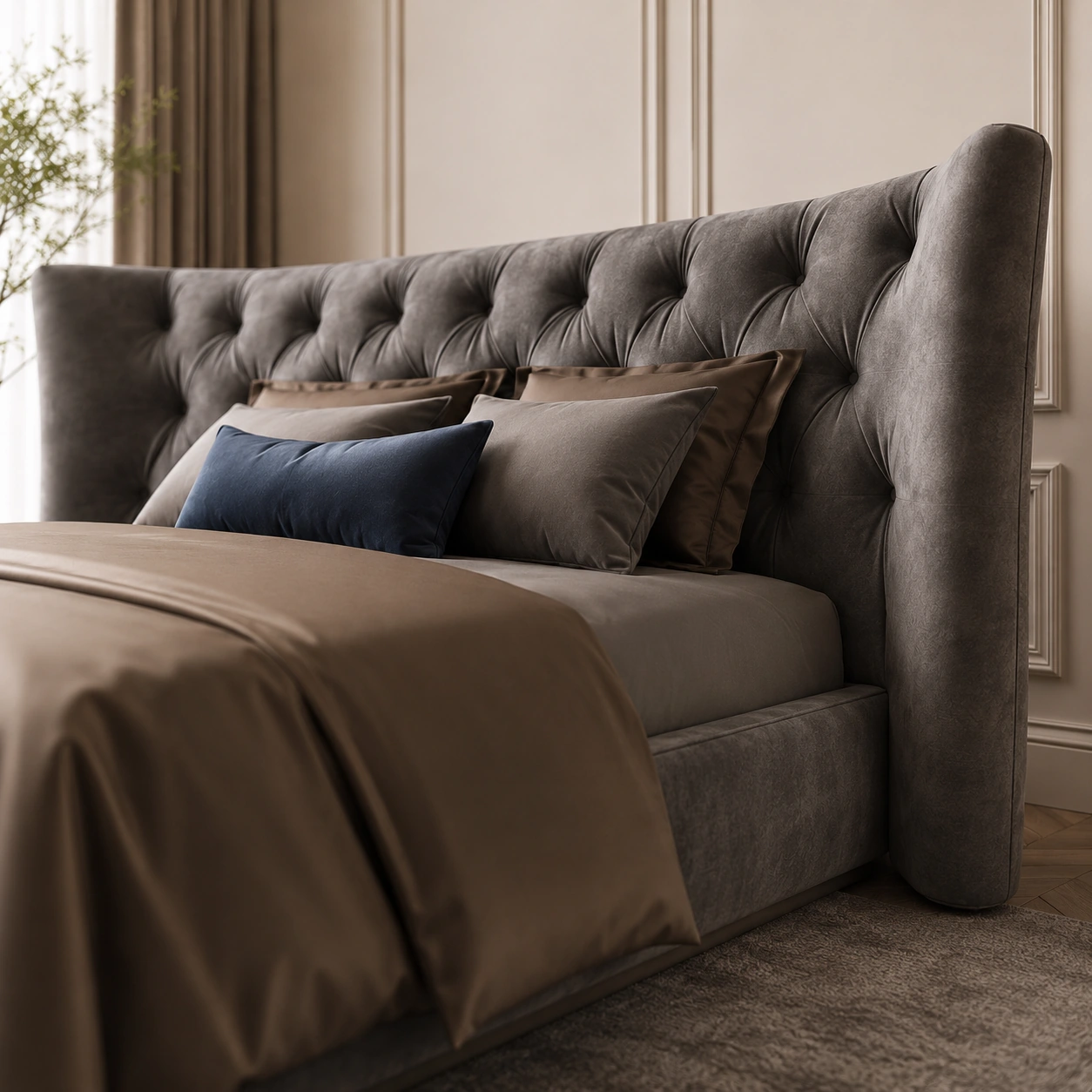 Angled view of a grey tufted bedroom with satin bedding