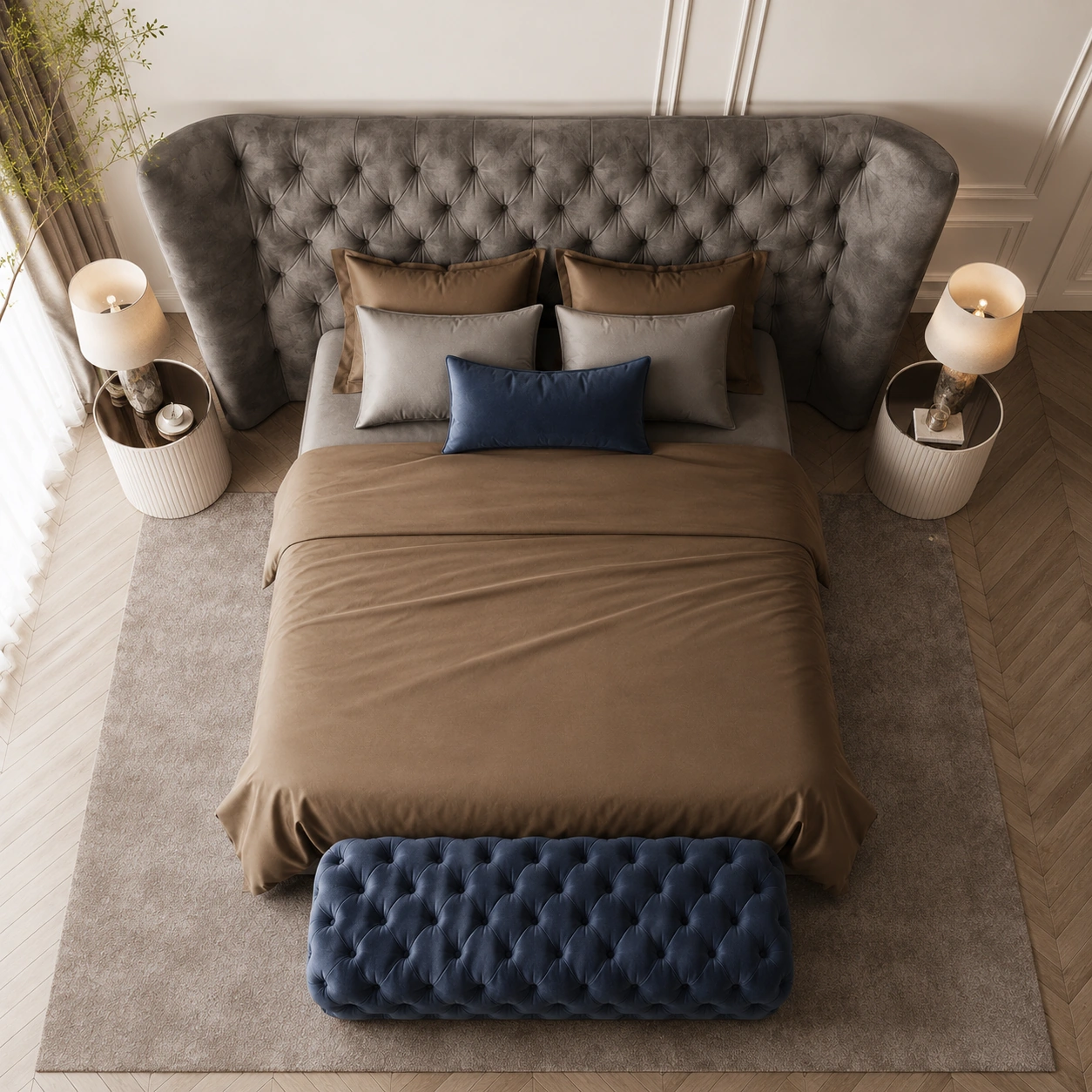 Top view of the tailored bed and navy tufted bench