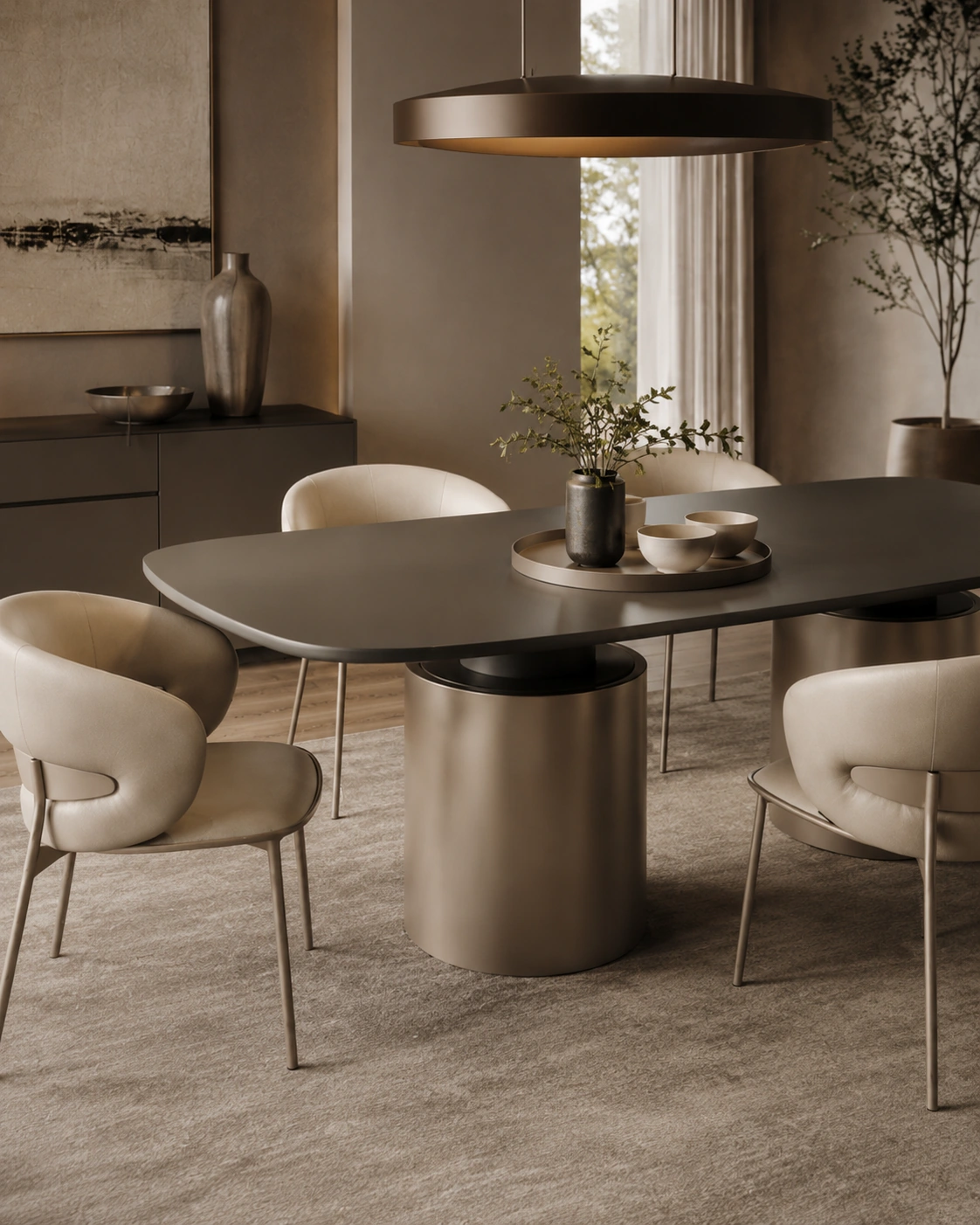 Close view of a charcoal dining table with a bronze pedestal base