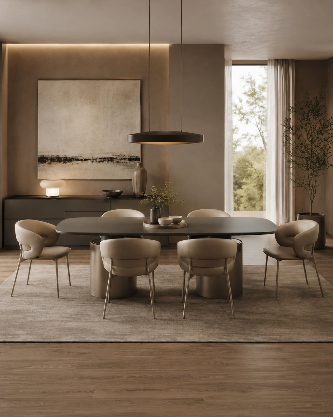 Front view of a six-chair dining table below a circular pendant
