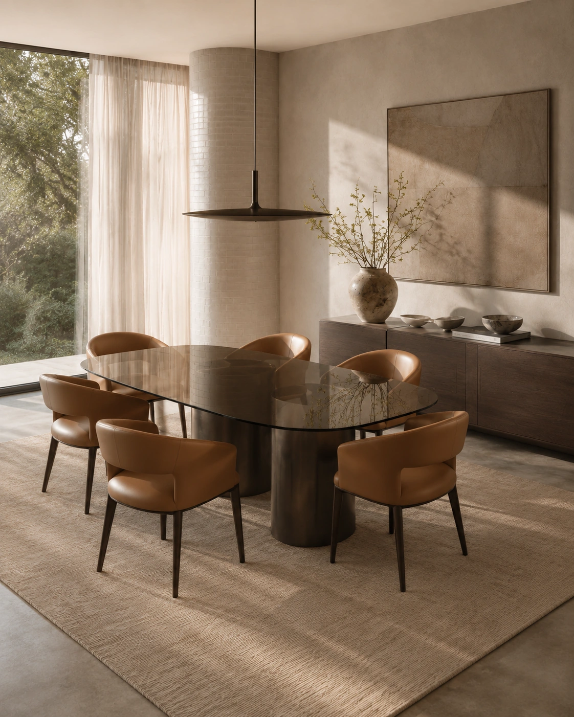 Wide angled view of a warm contemporary dining room