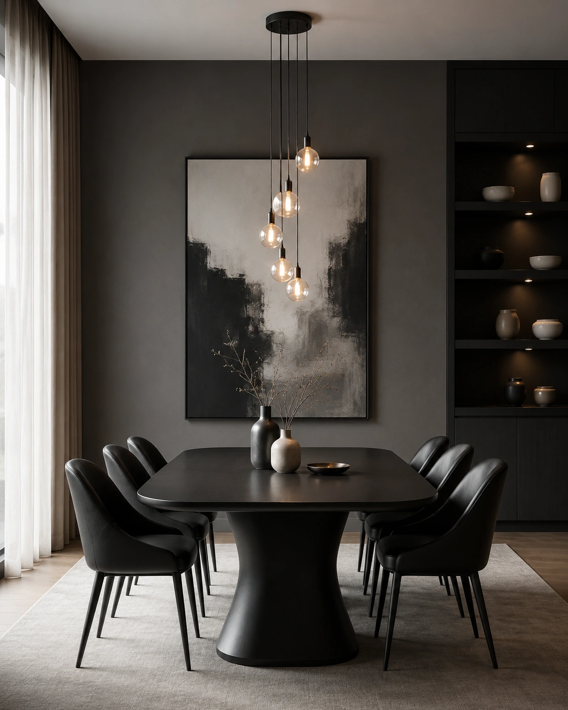Dark sculptural dining table and black chairs in a charcoal room