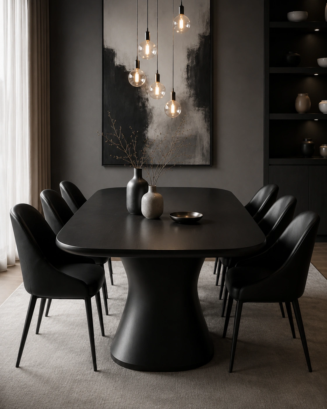 Close angled view of a black pedestal dining table
