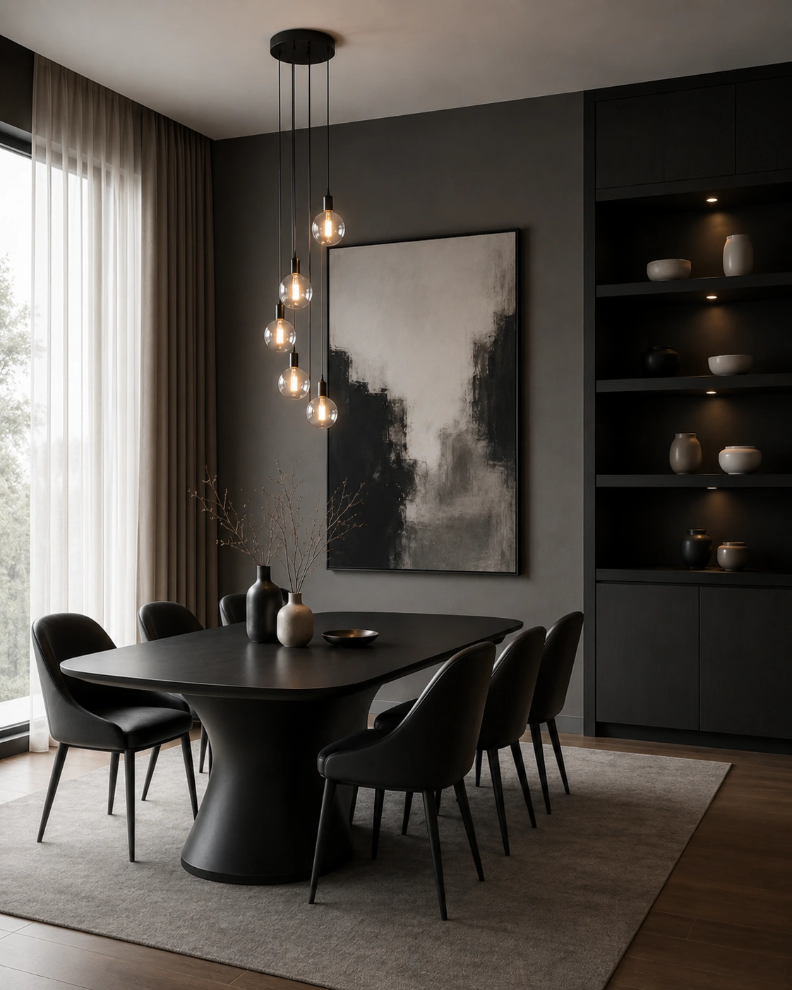 Wide view of a dark dining room with pendant lights and shelving