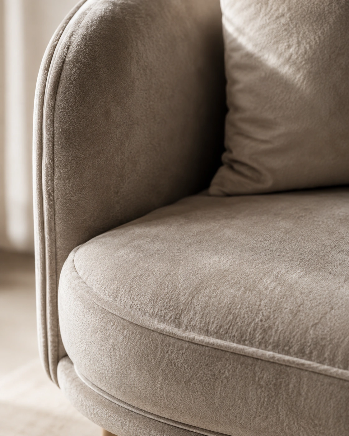 Close detail of textured taupe upholstery and cushions