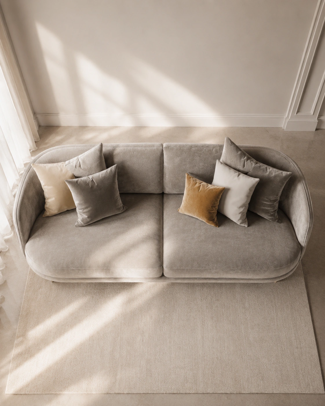 Top view of a taupe sofa with cream and camel cushions