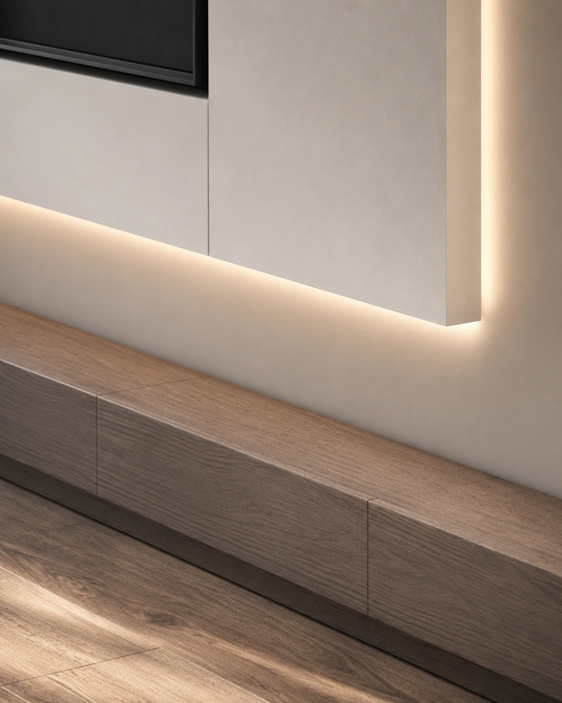 Close detail of the illuminated white panel and walnut console
