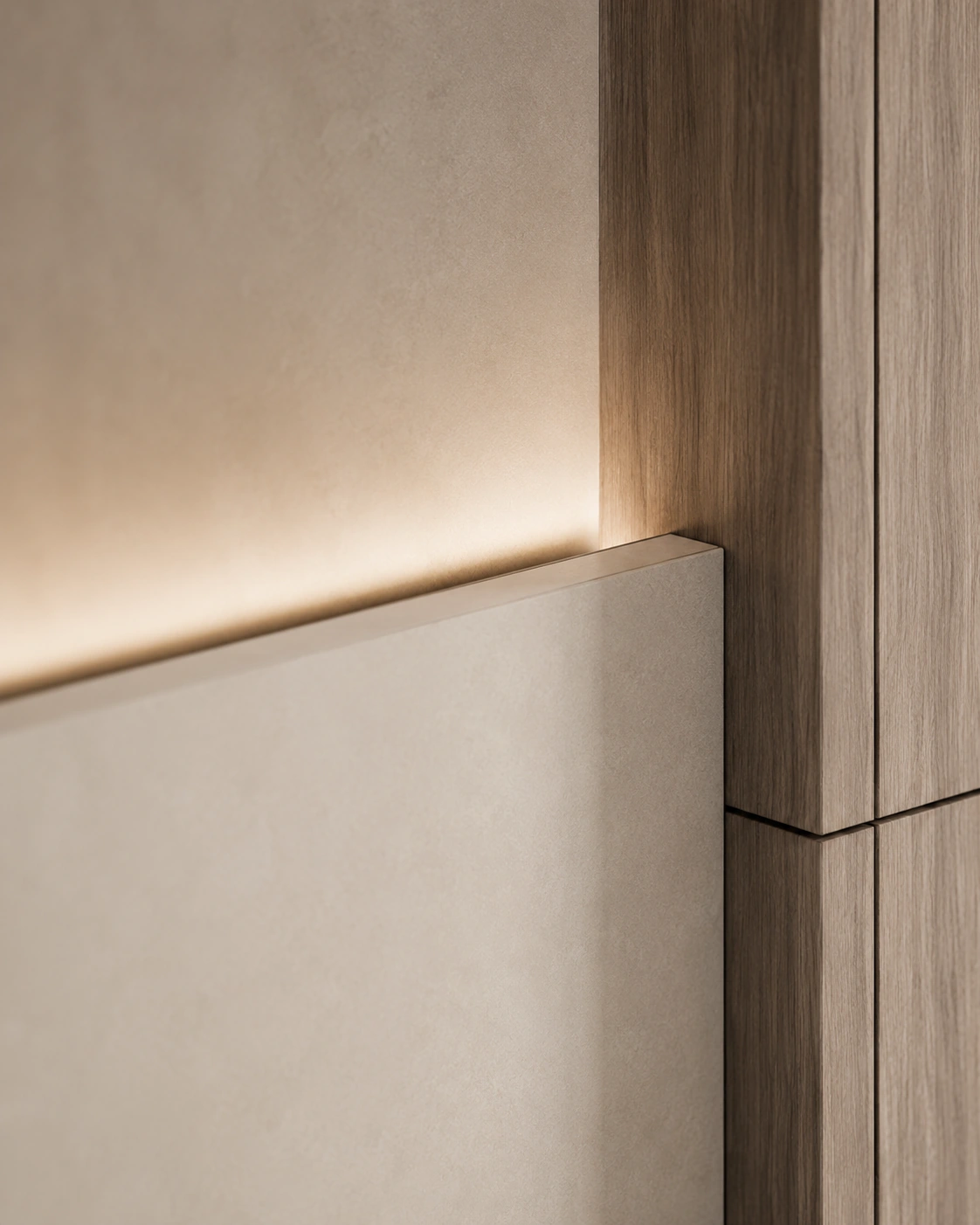 Material detail of pale stone, warm timber, and fine shadow lines
